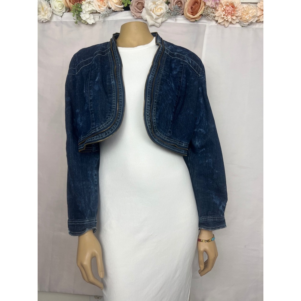 JW Petite Dark Acid Wash Denim Cropped Bolero Jacket Zipper‎ Trim Blue PXL